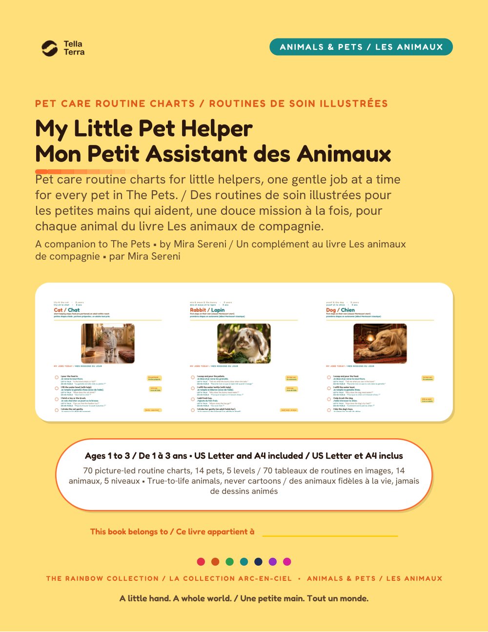 Cover of My Little Pet Helper, bilingual English and French edition, Tella Terra pet-care routine charts
