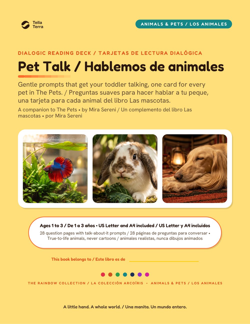 Cover of Pet Talk, bilingual English and Spanish edition, a Tella Terra dialogic reading card deck