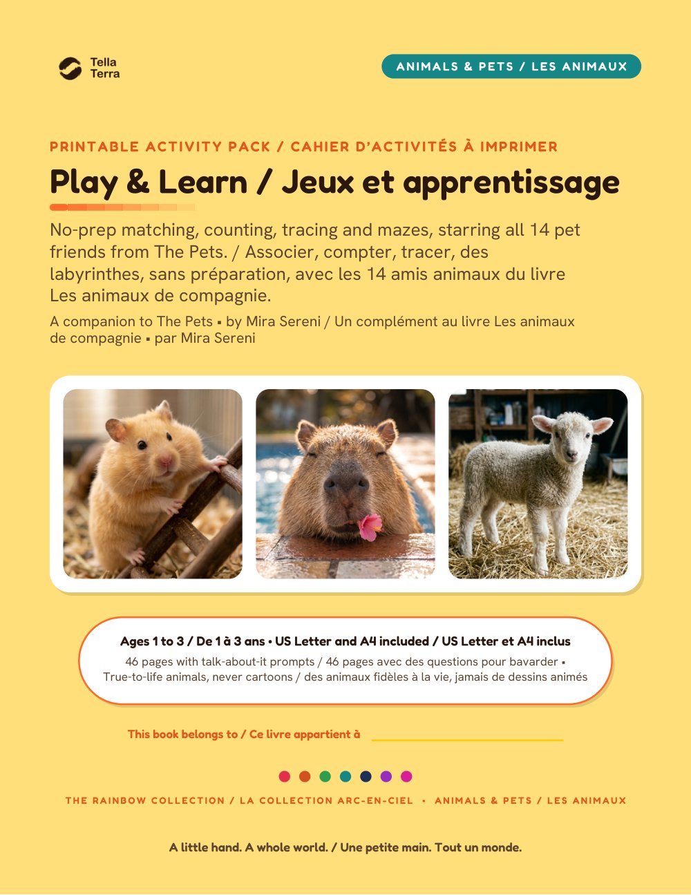 Cover of Play & Learn, bilingual English and French edition, a Tella Terra: The Pets activity pack